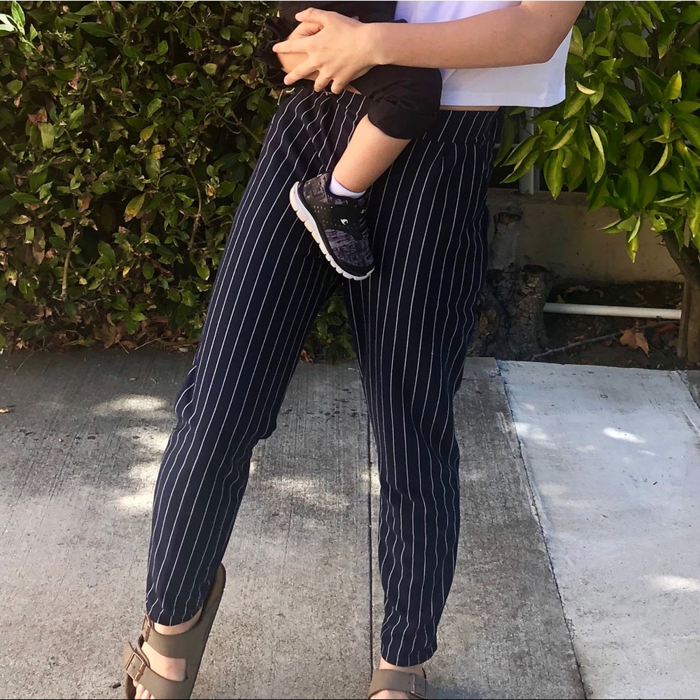 striped navy and white pants